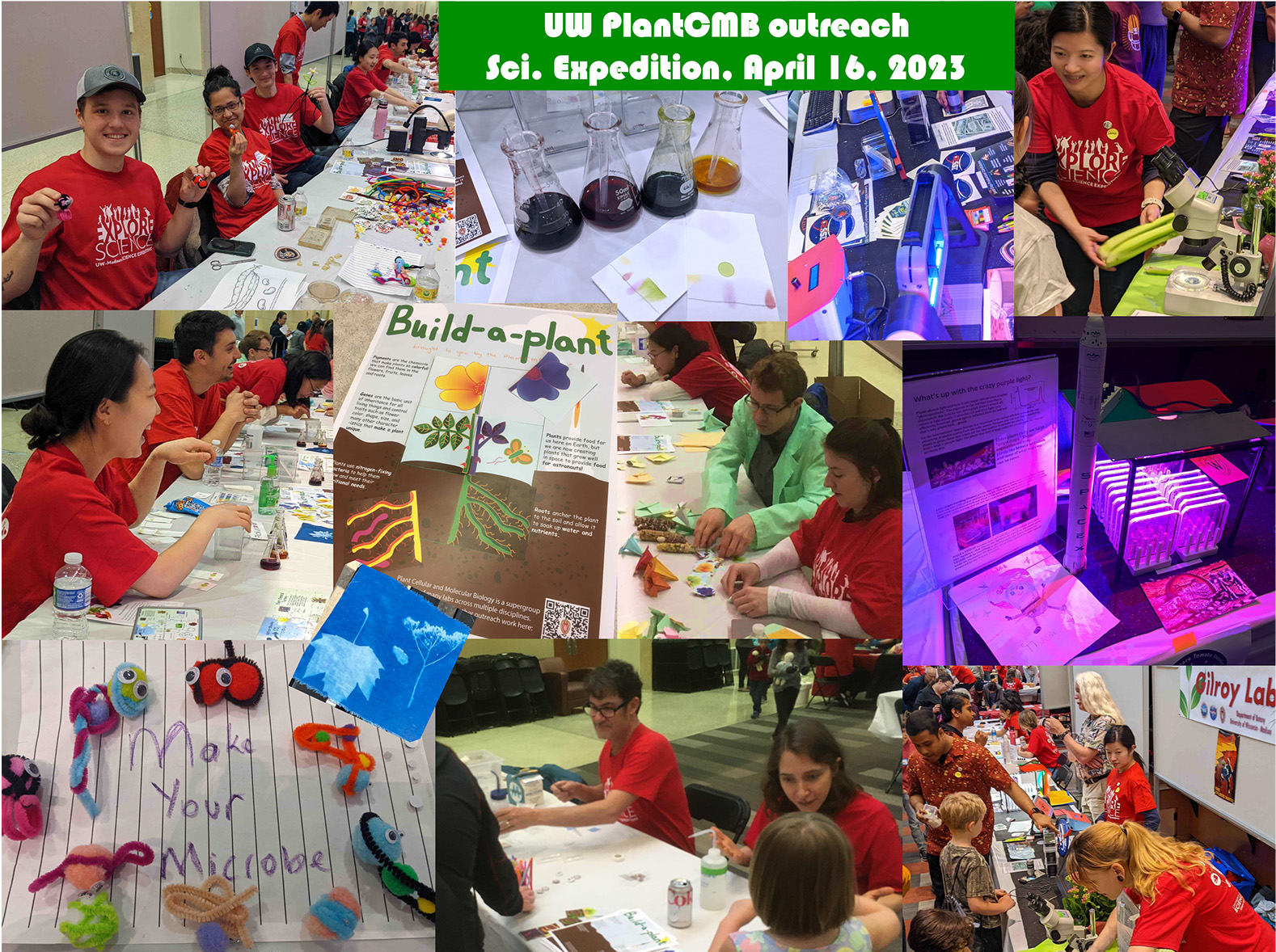 A collage of various images from an outreach event where young attendees can engage hands on with stations like "build a plant" or "make your own microbe out of pipecleaners"