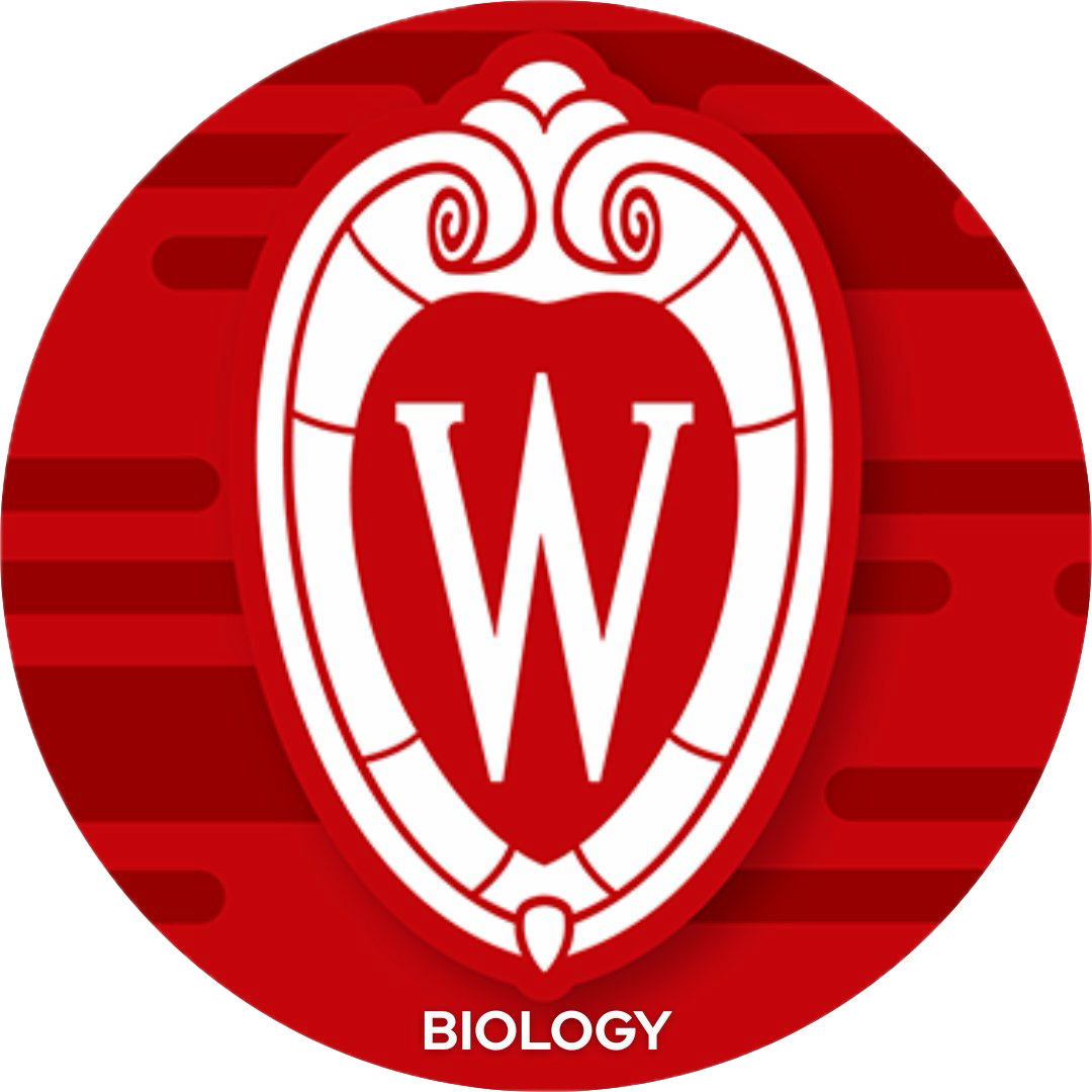 A circular logo with the UW–Madison W crest in the middle and the word "Biology" below it.