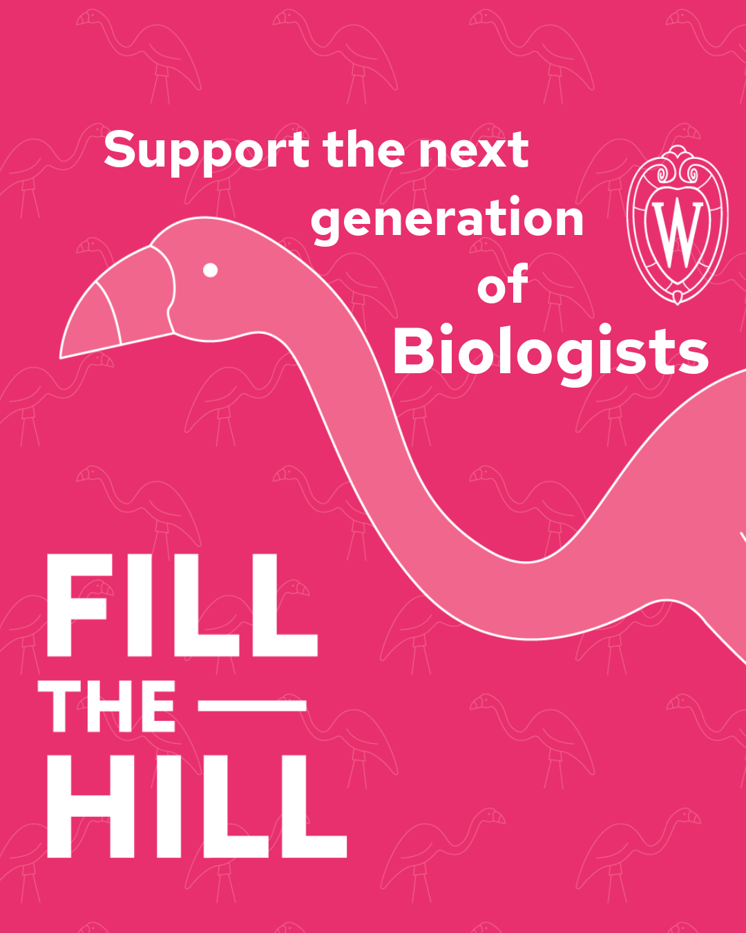 A graphic of a pink flamingo with the white W university crest and text reading: "Support the next generation of Biologists. Fill The Hill"